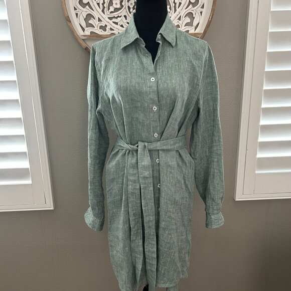 Kiwi Saint Tropes Shirt Dress Linen Button Down Long Sleeve SZM Green - Picture 1 of 9